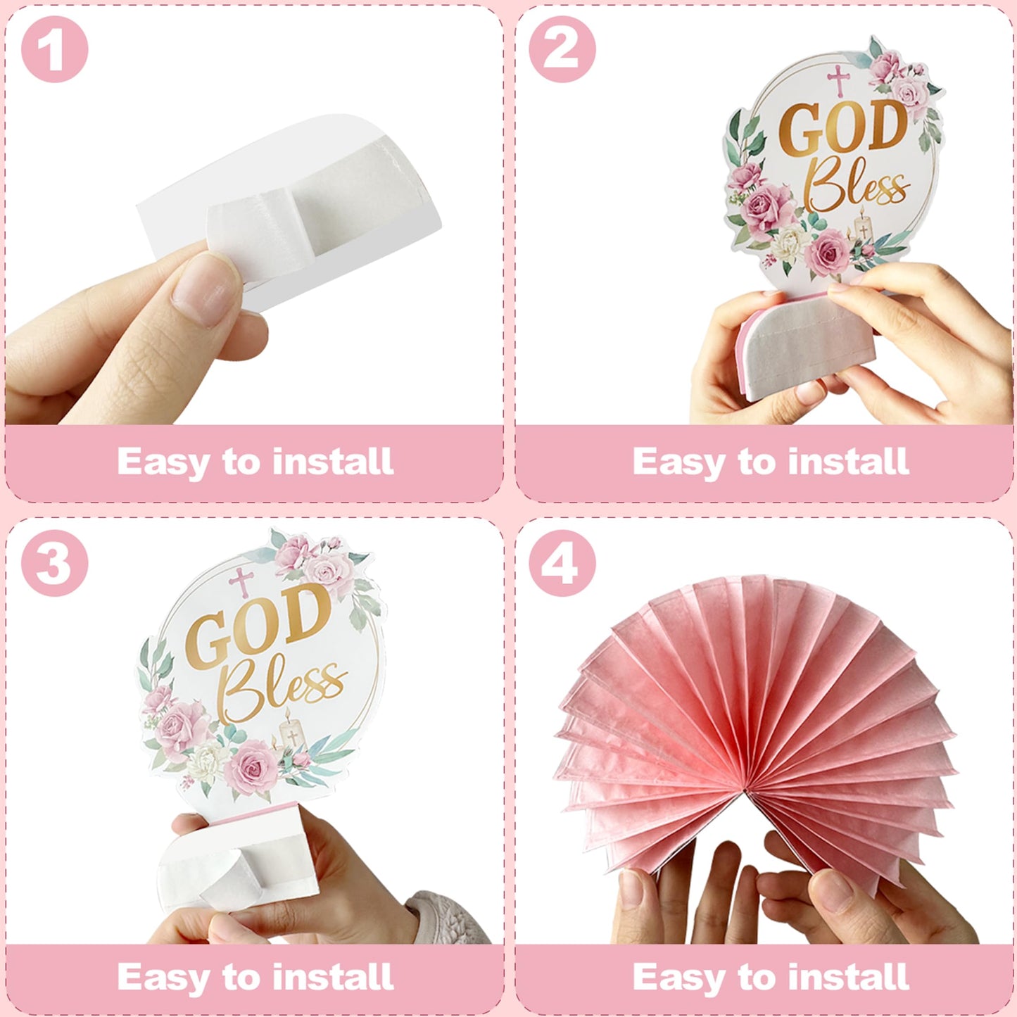 24Pcs First Communion Decorations for Girls - Pink Floral Baptism Centerpieces for Tables Baptism Decorations Honeycomb Centerpiece Double Sided Table