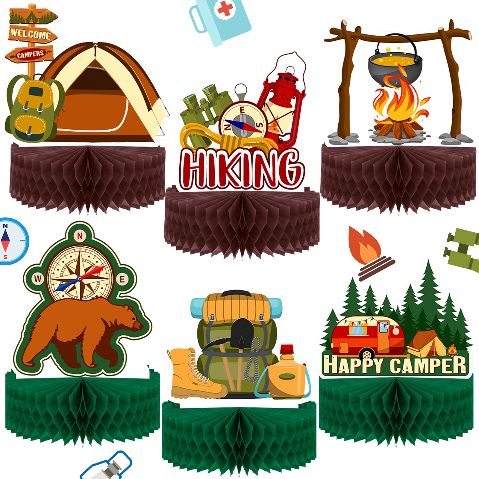 Sumind Camping Party Decoration, 6 Pcs Happy Camper Honeycomb Centerpieces Table Decor Adventure Cake Topper for Birthday Shower Campfire Adventure