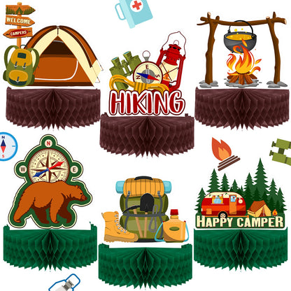 Sumind Camping Party Decoration, 6 Pcs Happy Camper Honeycomb Centerpieces Table Decor Adventure Cake Topper for Birthday Shower Campfire Adventure