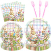 QDIRDEC Easters Party Plates Happy Easters Rabbits Party Tableware Decorations Disposable Easter Plates and Napkins for Kids Spring Birthday