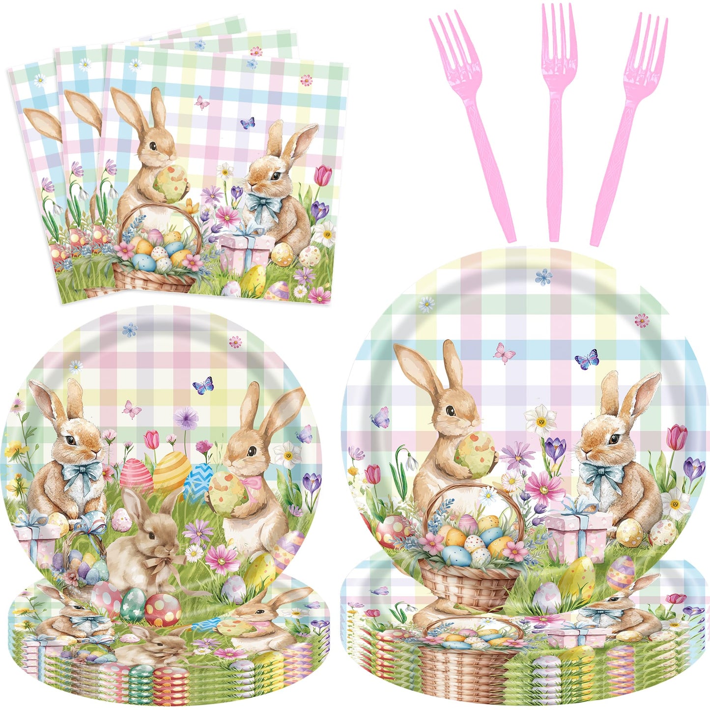 QDIRDEC Easters Party Plates Happy Easters Rabbits Party Tableware Decorations Disposable Easter Plates and Napkins for Kids Spring Birthday