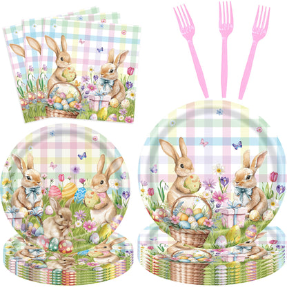QDIRDEC Easters Party Plates Happy Easters Rabbits Party Tableware Decorations Disposable Easter Plates and Napkins for Kids Spring Birthday