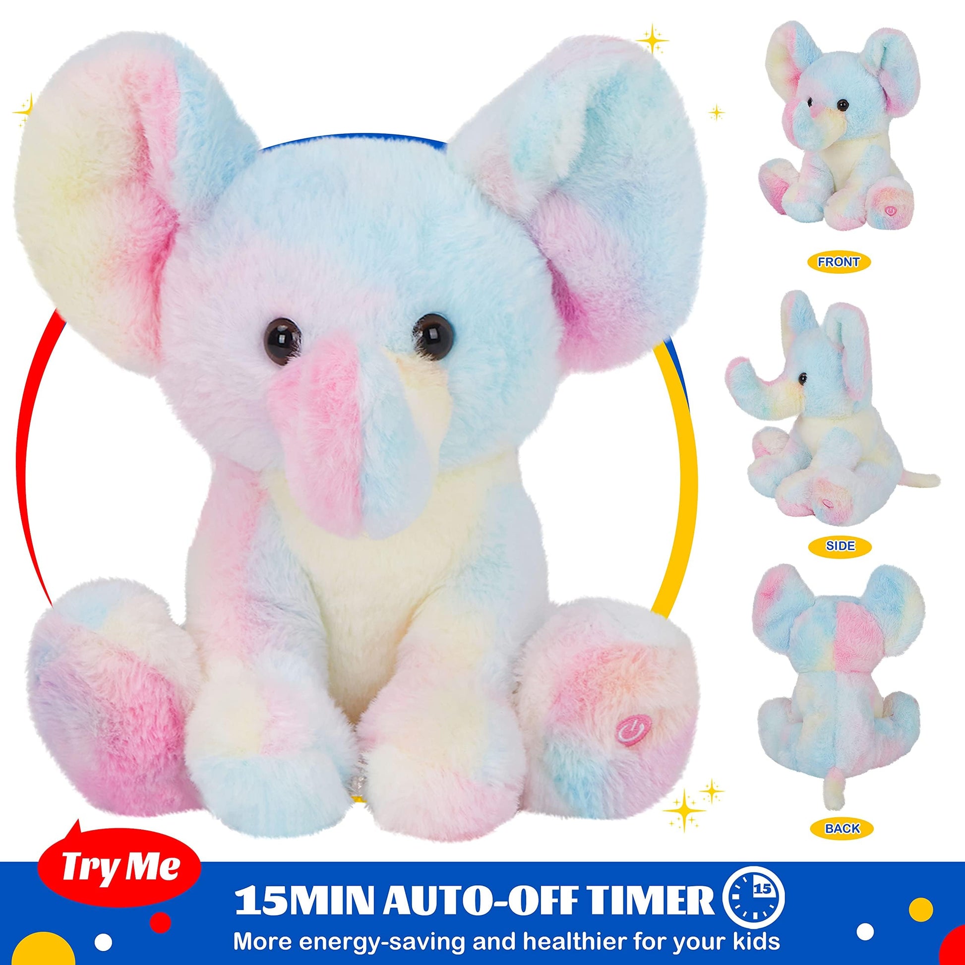 Glow Guards 12'' Musical Light up Rainbow Elephant Stuffed Animal,LED Singing Soft Wildlife Animal Plush Toy with Night Lights&Lullaby,Birthday