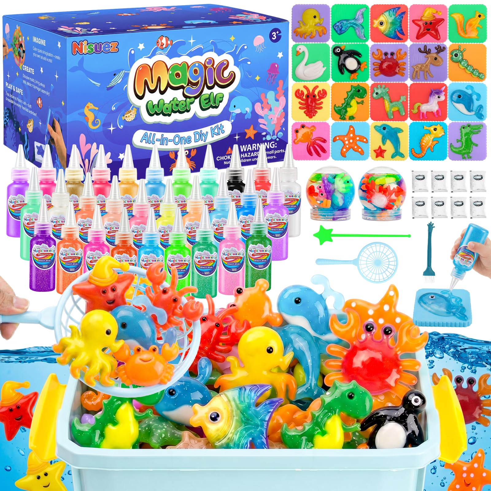 Nisuez Magic Water Elf Toy Kit for Kids, 30 Colors Magic Gels & 20 Molds, Water Gel Kit, Water Squishy Making Kit, Crate Your Own Magic Elf Kits Water