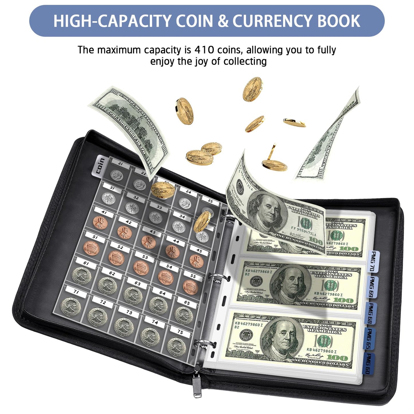 Coin Collection Album Holder for Collectors, 1403 Personalized Collection Labels, 410 Pockets Fireproof Coin Collection Book & 15 Paper Currency