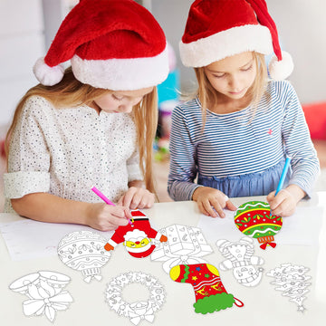 40Pcs Christmas Wreath Reindeer Coloring Kit, DIY Paper Xmas Coloring Arts Ornaments with Ropes & Colorful Pens for Xmas Party Home Classroom