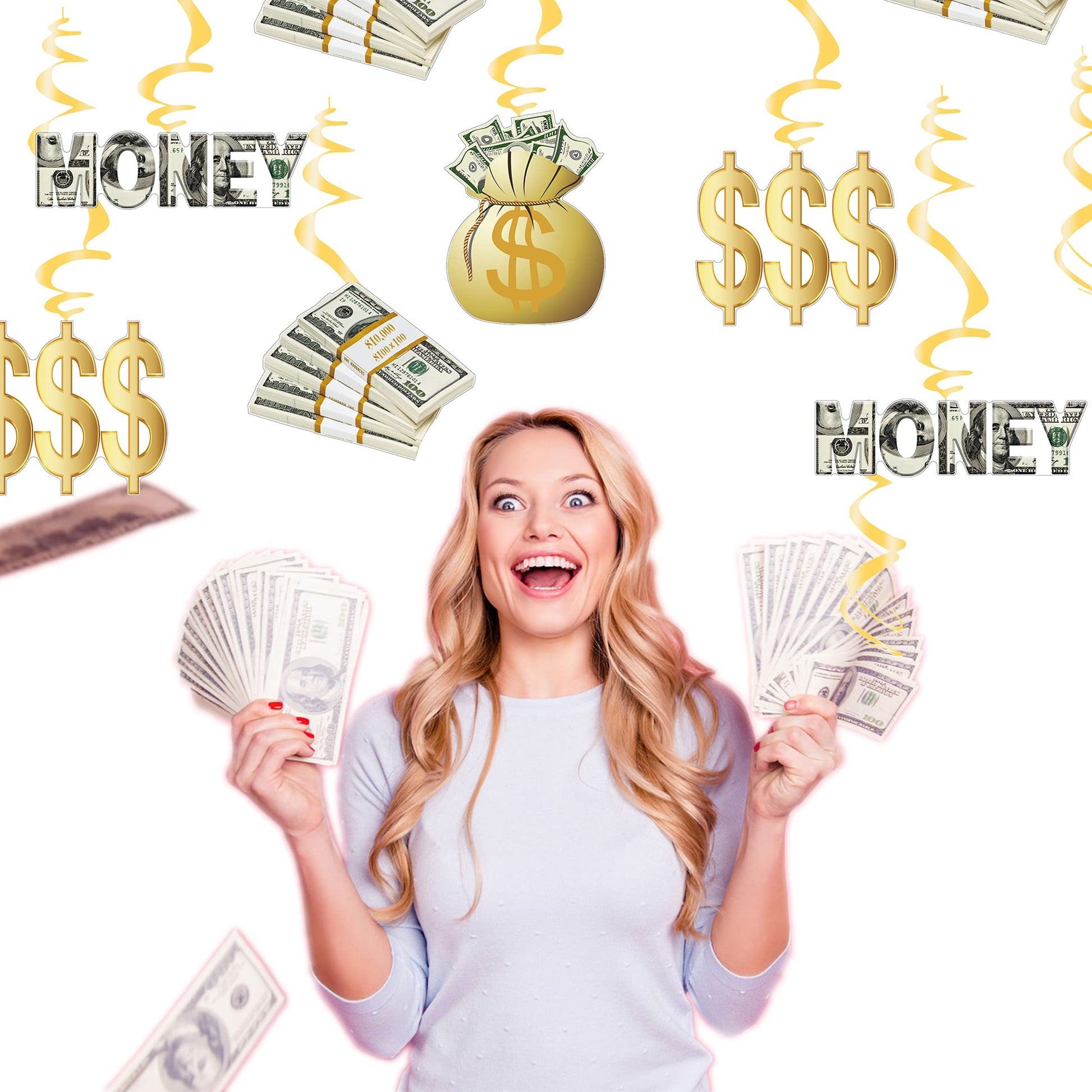 YiiiGoood Gold Money Theme Hanging Decoration Dollar Bill Signs Hanging Swirls Money Bag Currency Symbol for Birthdays Casino Weddings Bachelorette