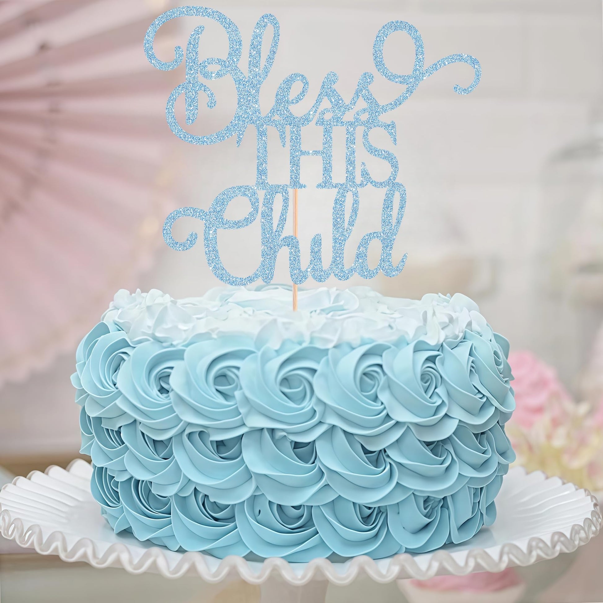 AHAORAY Bless This Child Cake Topper - Light Blue Glitter Chlid Christening Cake Decoration Supply - Smash Cake Topper for First Holy Communion