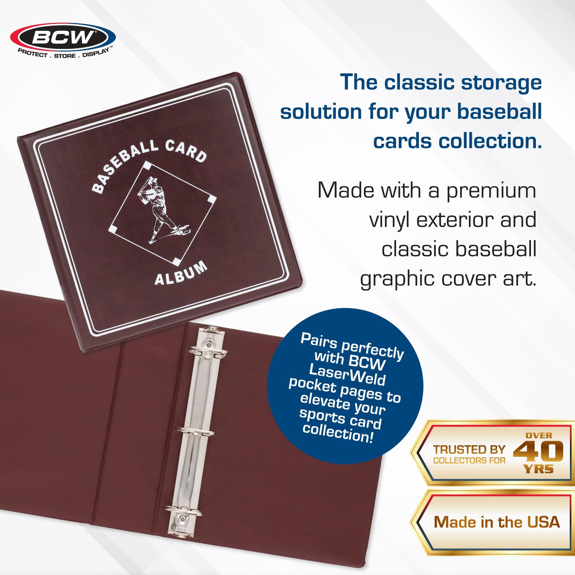 BCW Supplies Baseball 3" Album - Burgundy | Premium Durable Binder for 90 Baseball Cards Heavy-Duty D-Ring, Lasting Durability, and Classic Display |