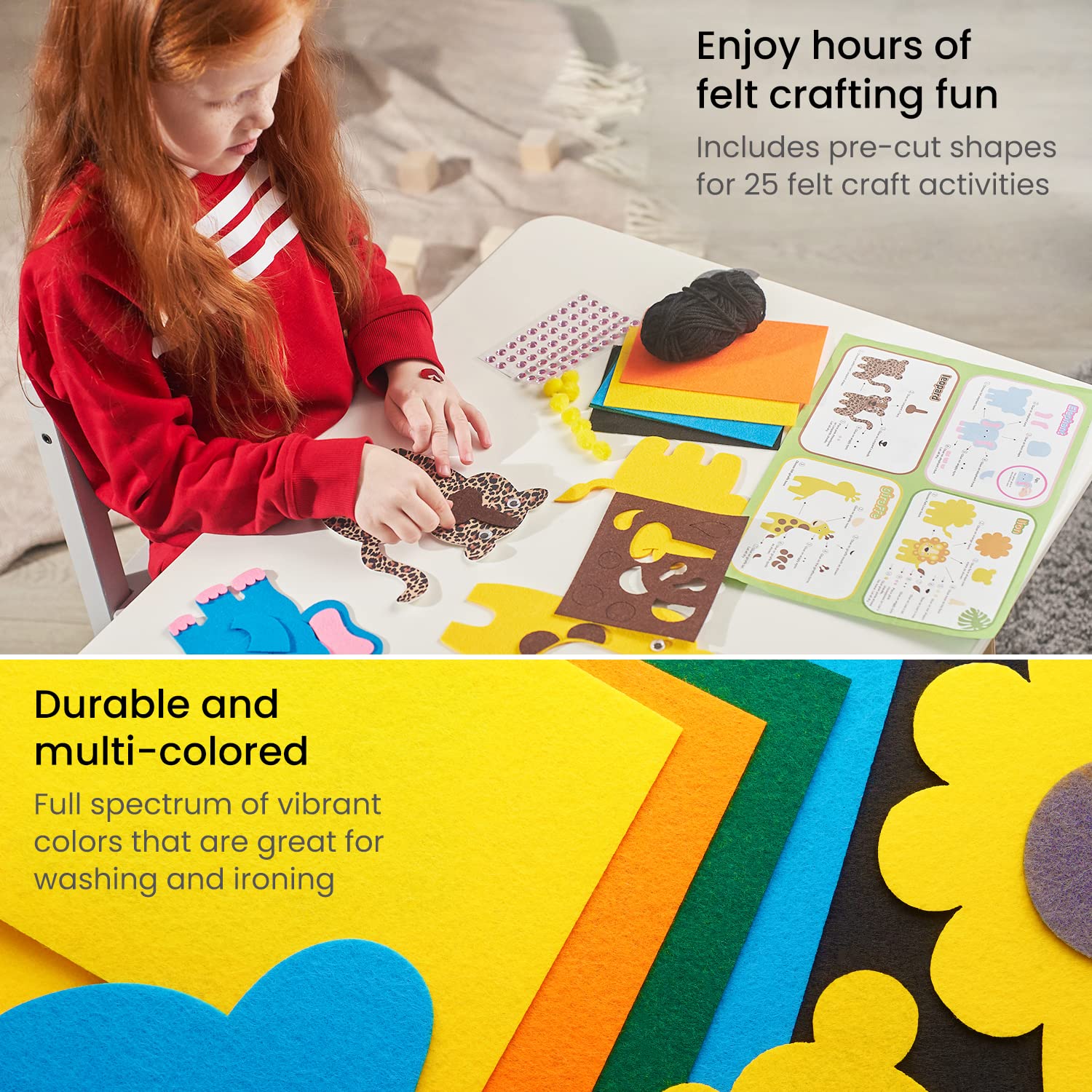 ARTEZA Kids Felt Kit, 357 Pieces, 25 Pre-Cut Animal Shapes, 5 Felt Sheets, 140 Mini-Pieces, Gemstone Stickers, Yarn, and Glue