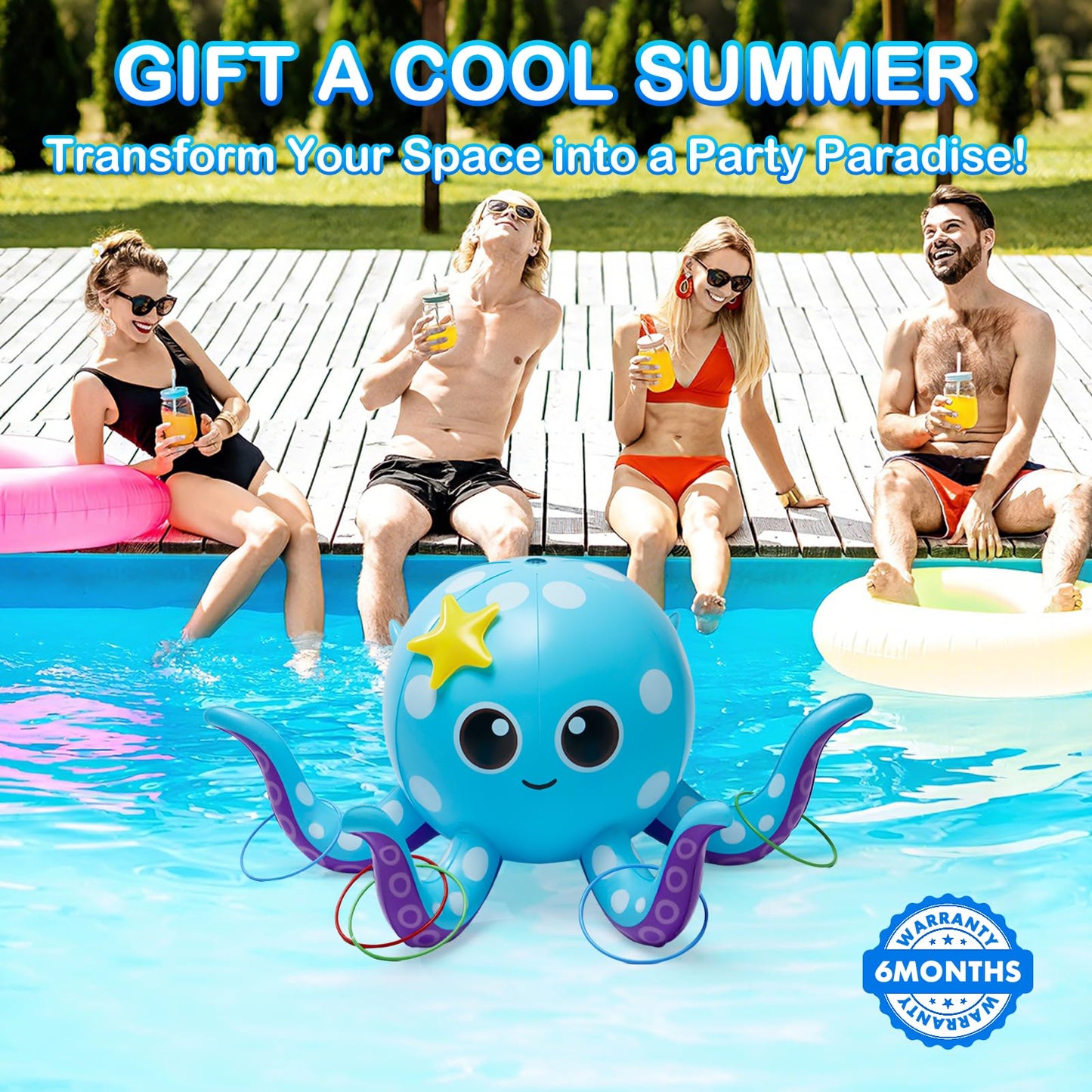 Sprinkler for Kids, Inflatable Octopus Water Toys with 6 Rings, Kids Sprinklers for Yard, Summer Outdoor Toys Backyard Water Spray Sprinkler Fun Toy