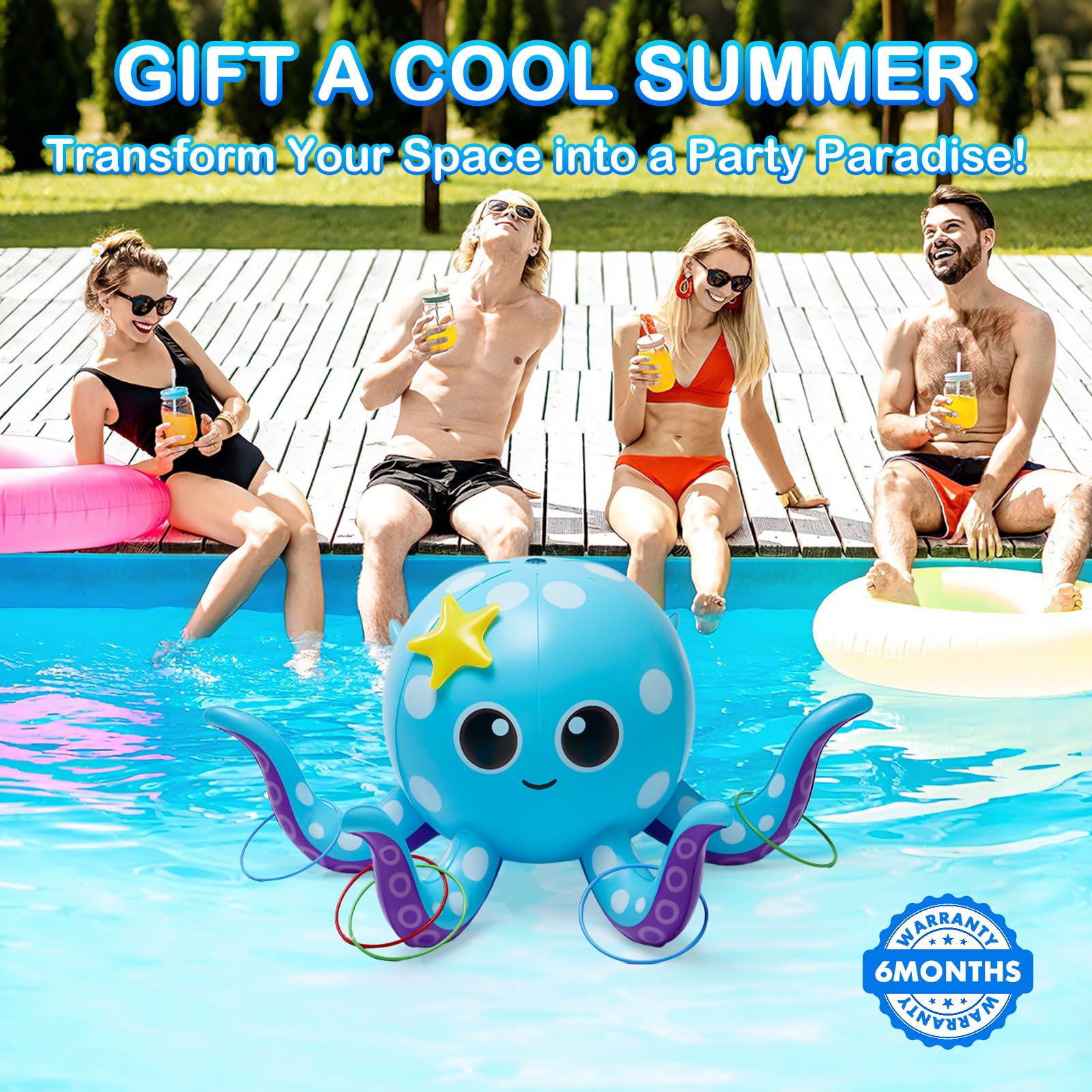 Sprinkler for Kids, Inflatable Octopus Water Toys with 6 Rings, Kids Sprinklers for Yard, Summer Outdoor Toys Backyard Water Spray Sprinkler Fun Toy