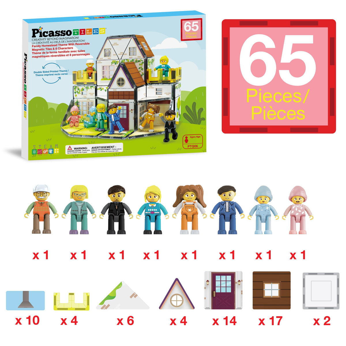 PicassoTiles Magnet Tile Building Block Family Homestead Doll House Theme Playset 8 Character Action Figures Double Sided Magnetic Tiles Printing STEM