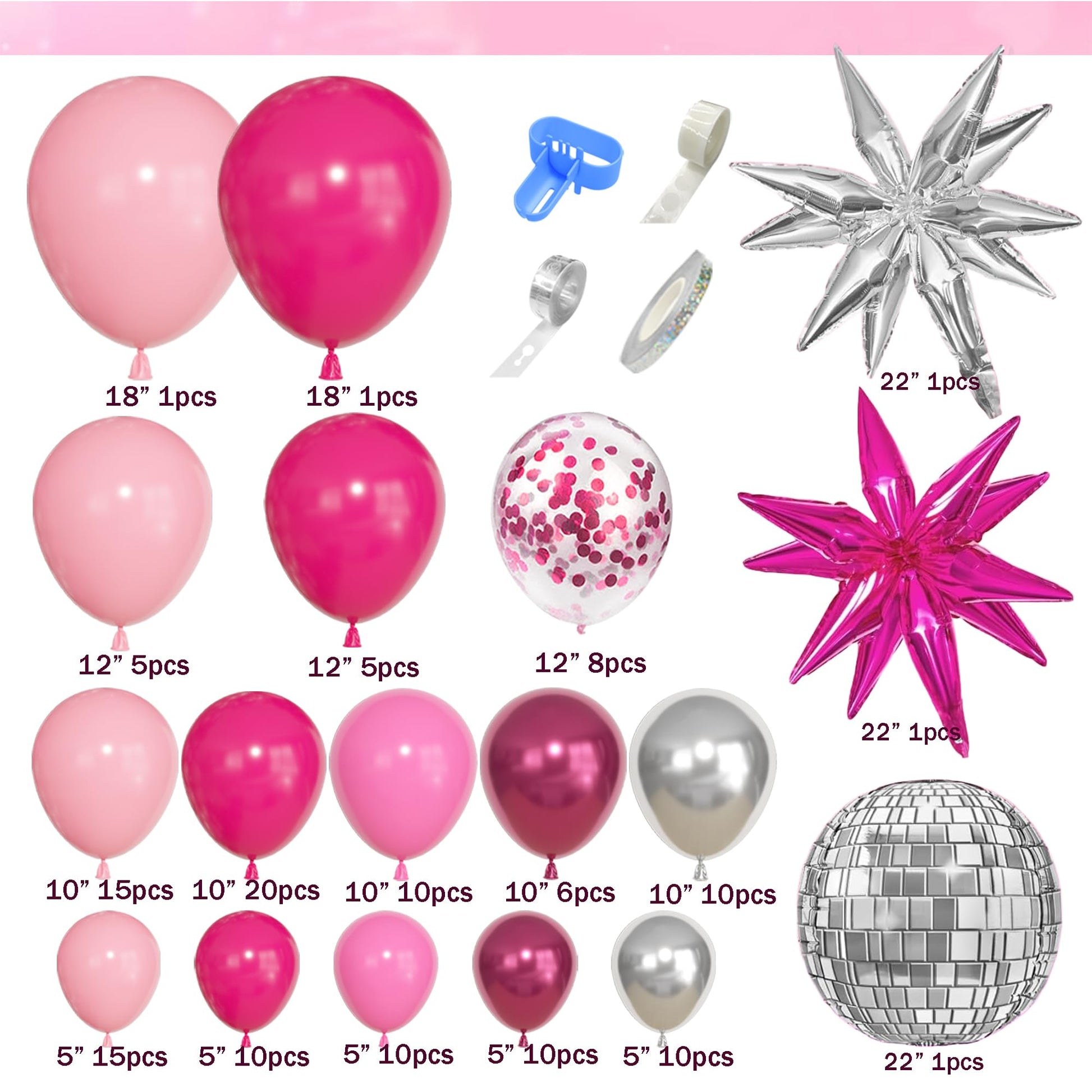 143Pcs Princess Pink and Silver Valentines Balloon Garland Arch Kit, Hot Pink Confetti 4D Star Disco Ball Crown Balloons for Girls Women Bridal Baby