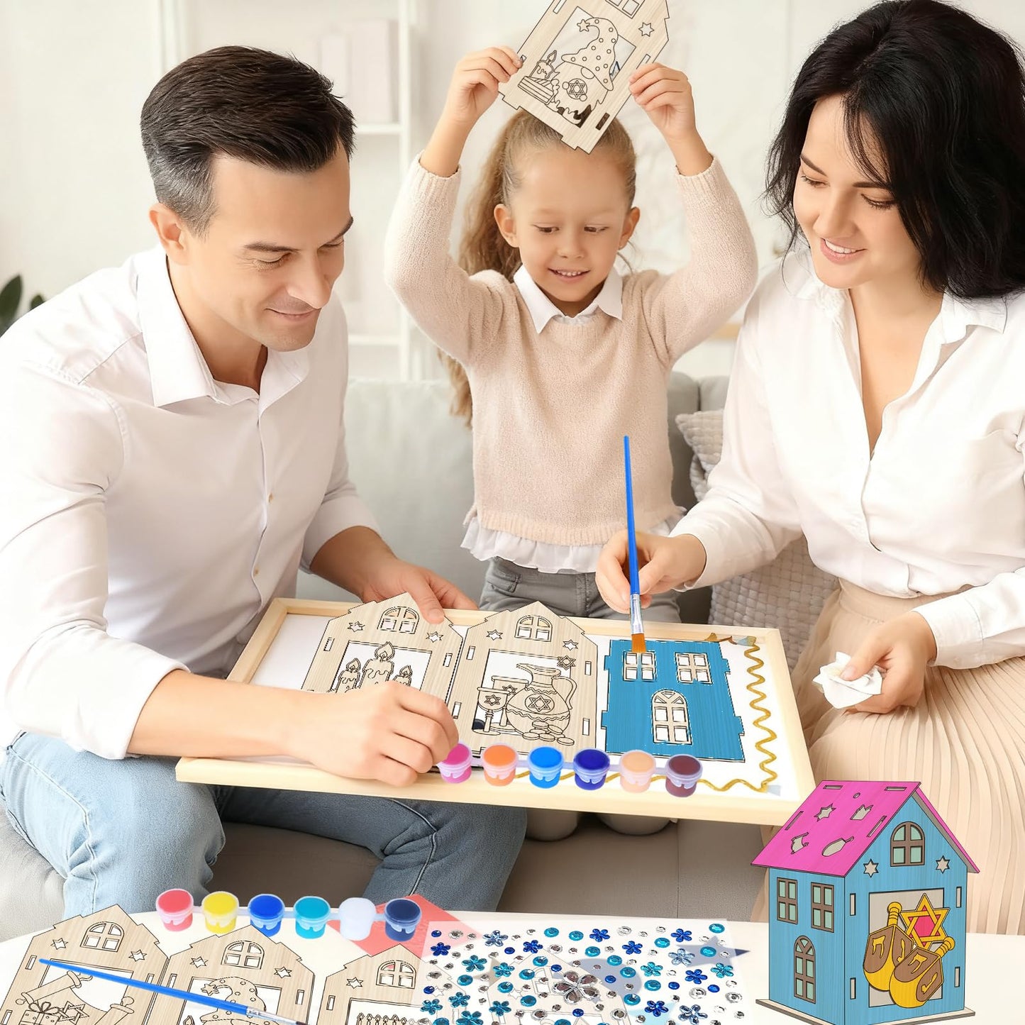HABDJILTY 7 Pack Wooden Hanukkah Craft Kit Color You Own 3D Hanukkah House Chanukah Crafts for Christmas Classroom Activities Chanuka Art Projiect