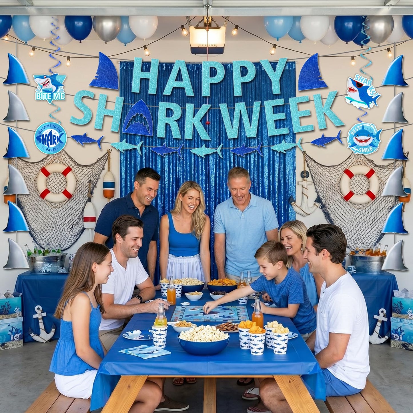 Happy Week of Sharks Birthday Decorations Include 3 Happy Shark Banner,12 Double-side Hanging Swirls,2 Shark Fin Hanging Banner,Bite Me Welcome