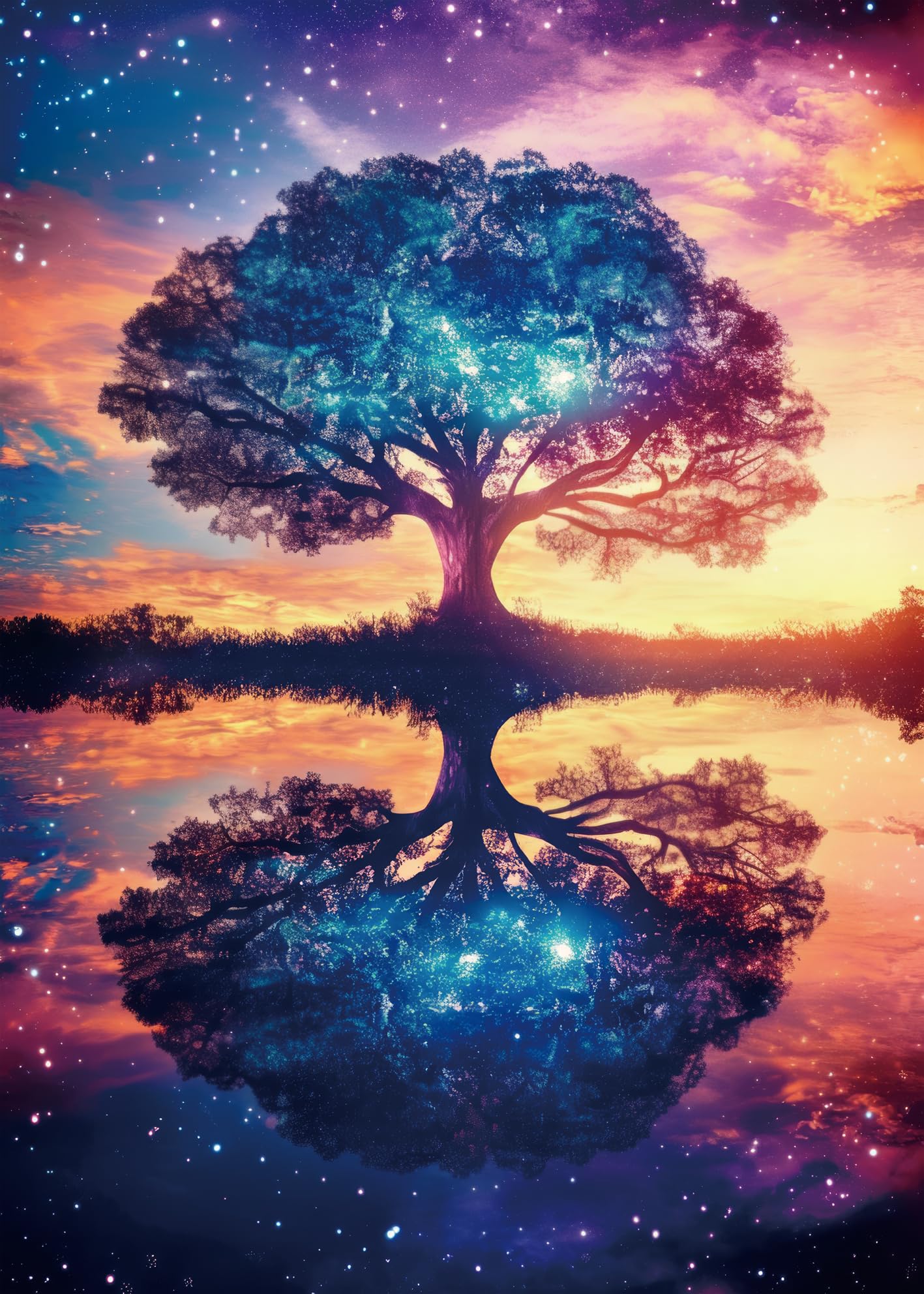 Larkipuzz Colorful Starry Night Tree Jigsaw Puzzle 1000 Piece for Adult, Beautiful Galaxy Nature Landscape Jigsaw Puzzles, Aesthetic Plant Pretty