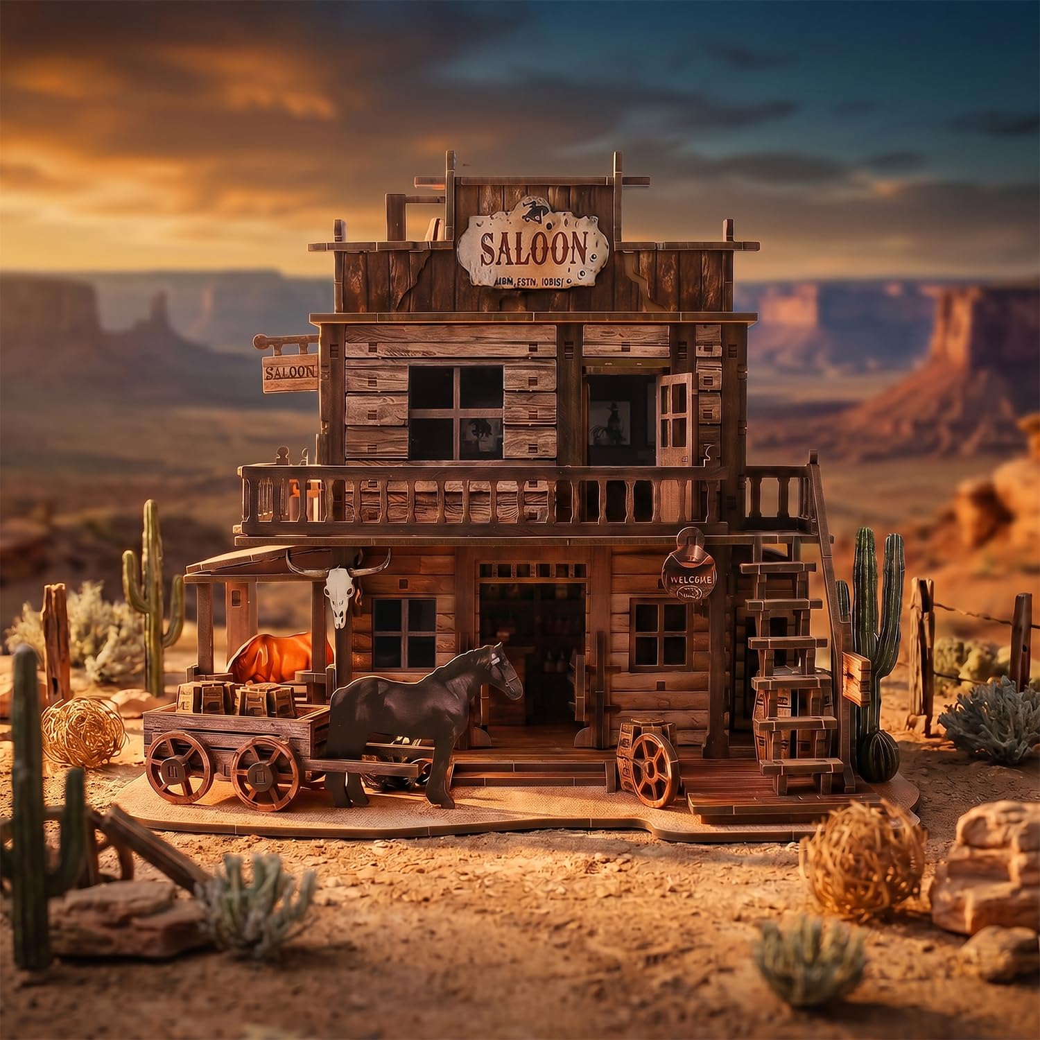 Benlarky 3D Wooden Puzzle for Adults Western Saloon Miniature House Kit, 450 PCS DIY Bookshelf Decor, Wild West Book Nook Building Kit Wood Craft