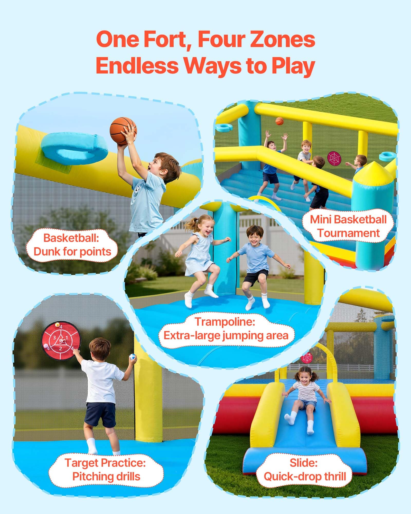 VEVOR Inflatable Bounce House, 14.7 x 13.8 x 6.8 ft Jumping Bouncy Castle, Inflatable Jumper for Kids with Slide, Basketball Hoop, Target Game