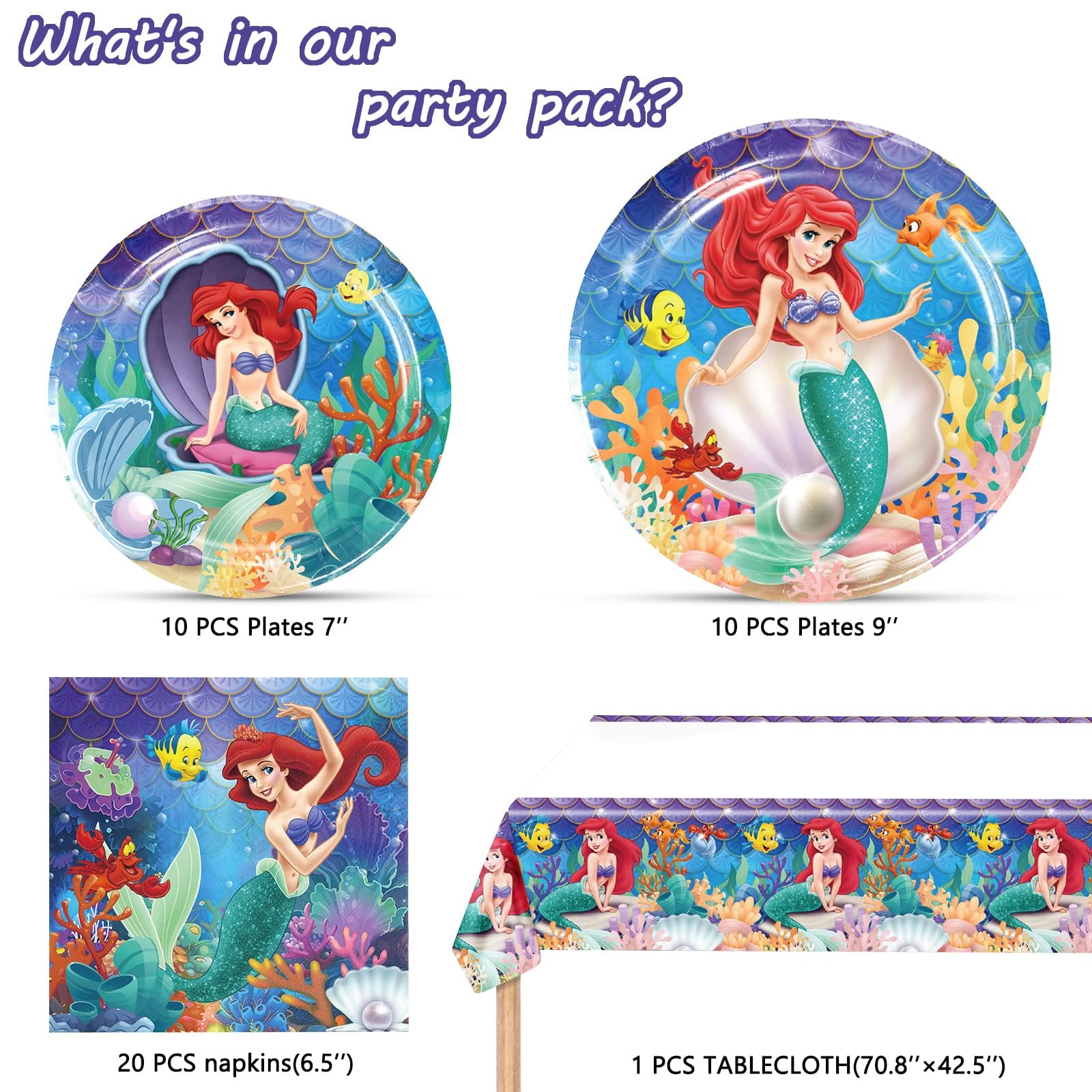 Ariel Birthday Party Supplies, 20 Plates, 20 Napkins and 1 Tablecover for Girls Little Mermaid Party Decorations
