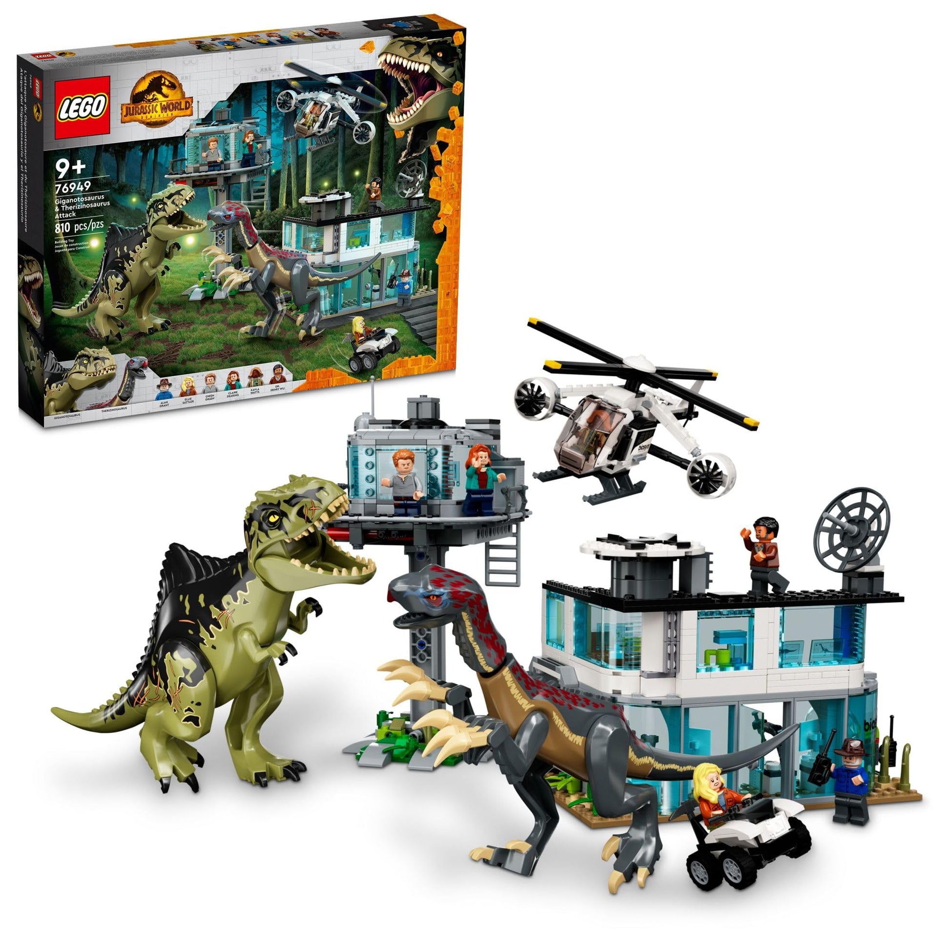 LEGO Jurassic World Giganotosaurus & Therizinosaurus Attack 76949 with 2 Dinosaur Toy Figures, ATV Car, Helicopter & Garage, Gifts for Kids, Boys and