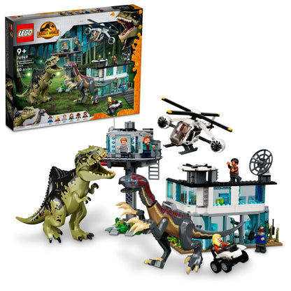 LEGO Jurassic World Giganotosaurus & Therizinosaurus Attack 76949 with 2 Dinosaur Toy Figures, ATV Car, Helicopter & Garage, Gifts for Kids, Boys and