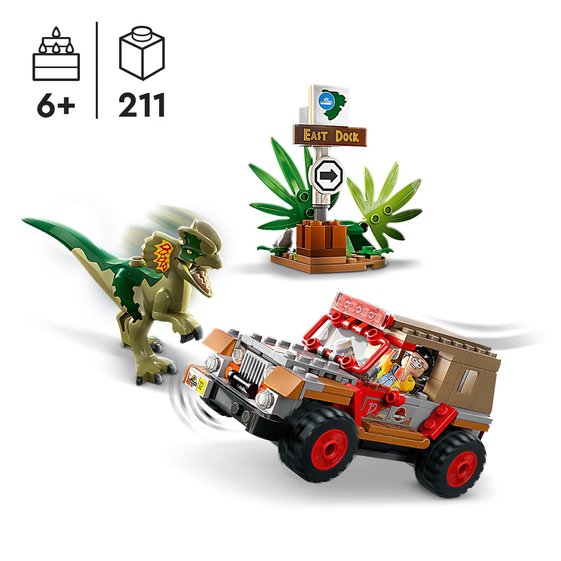 LEGO 76958 Jurassic Park Dilophosaurus Ambush Dinosaur Toy Set with Figure and Jeep for Children from 6 Years