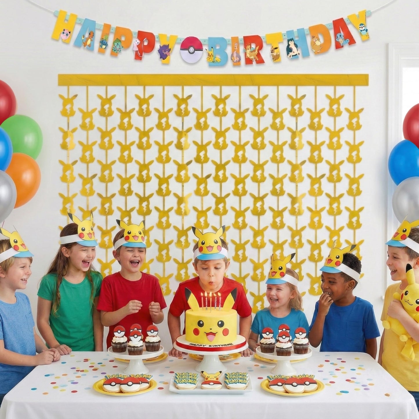 Pokemon Birthday Banner and Hanging Foil Backdrop - Pokemon Birthday Decorations - Themed Party Supplies - Officially Licensed