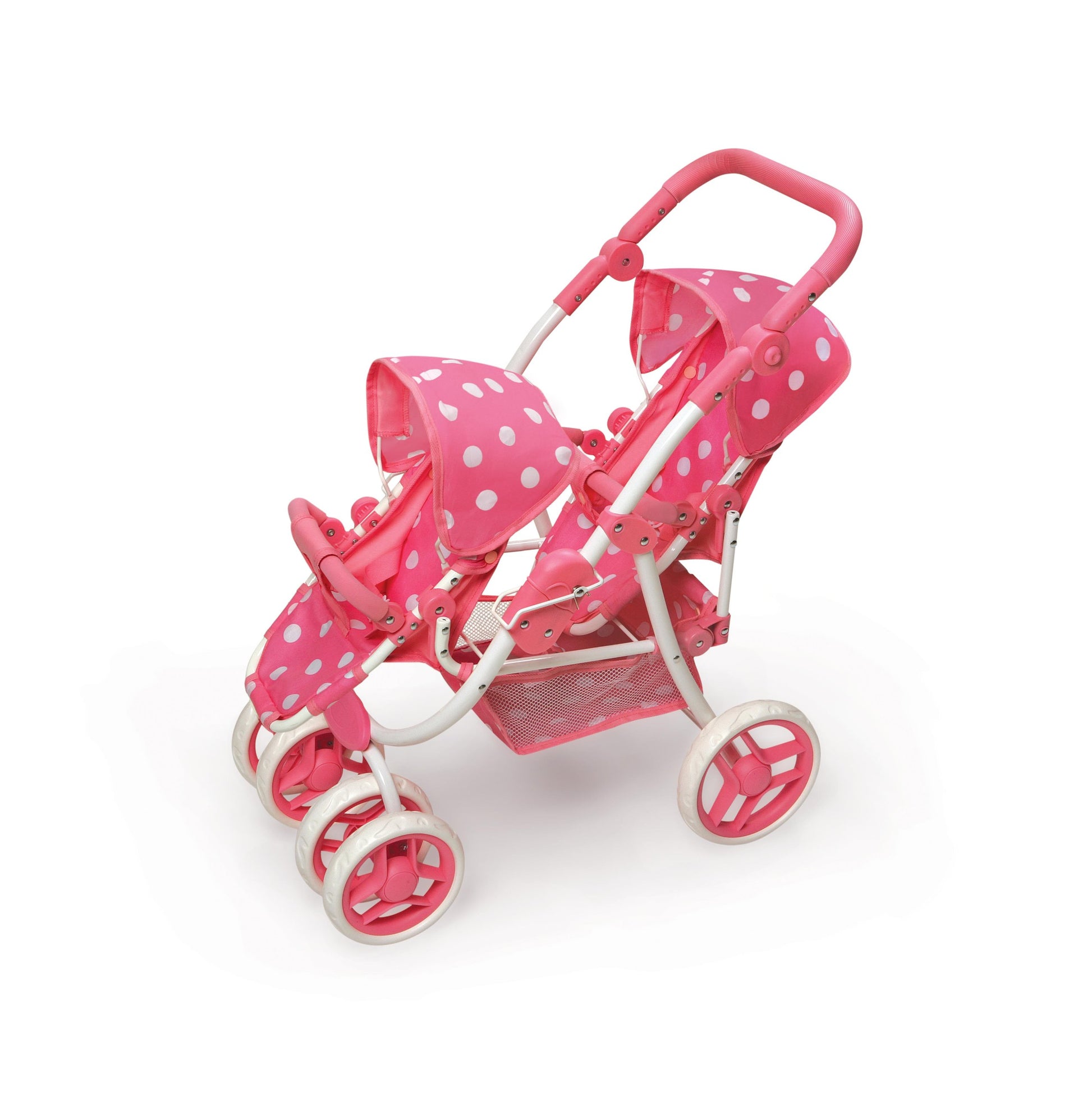 Badger Basket Polka Dot Reversible Double Doll Stroller for 16-Inch Dolls - Pink/Polka Dots with Removable Seats