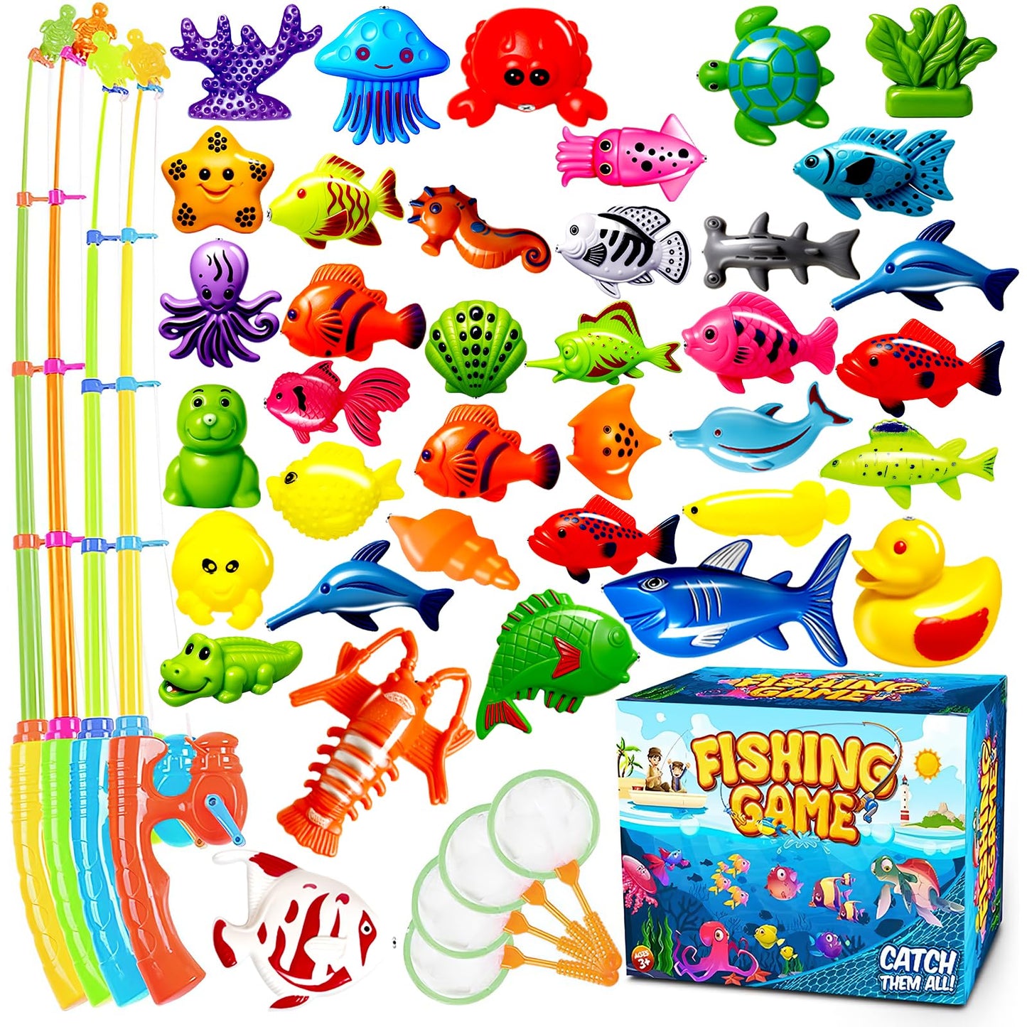 Goody King Magnetic Fishing Game Pool Party Pole Rod Net - Bathtub Outdoor Indoor Carnival Party Water Table Fish Toys Age 3-5 6 4-8 (Large)