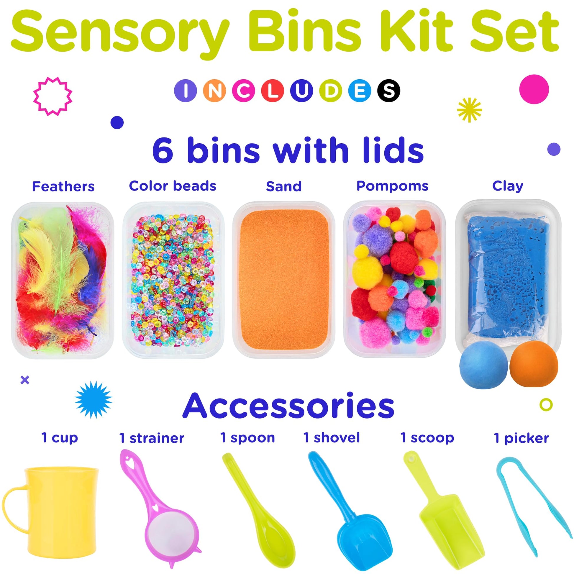 LOLO TOYS Sensory Kit for Toddlers and Kids - Includes 6 Bins with Lids, Play Tools, Sand, Feathers, Clay, Color Beads and Pom Poms Kids Box Fillers