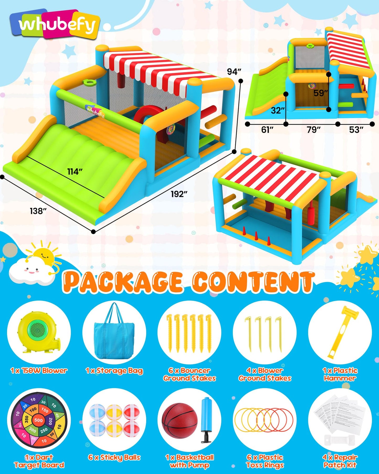Whubefy 15-in-1 Bounce House with Large Slide and Ball Pit/Water Pool for Kids 3-12, 16.1' x 11.5 'x 8' Giant Inflatable Bouncy Castle with Sun Shade