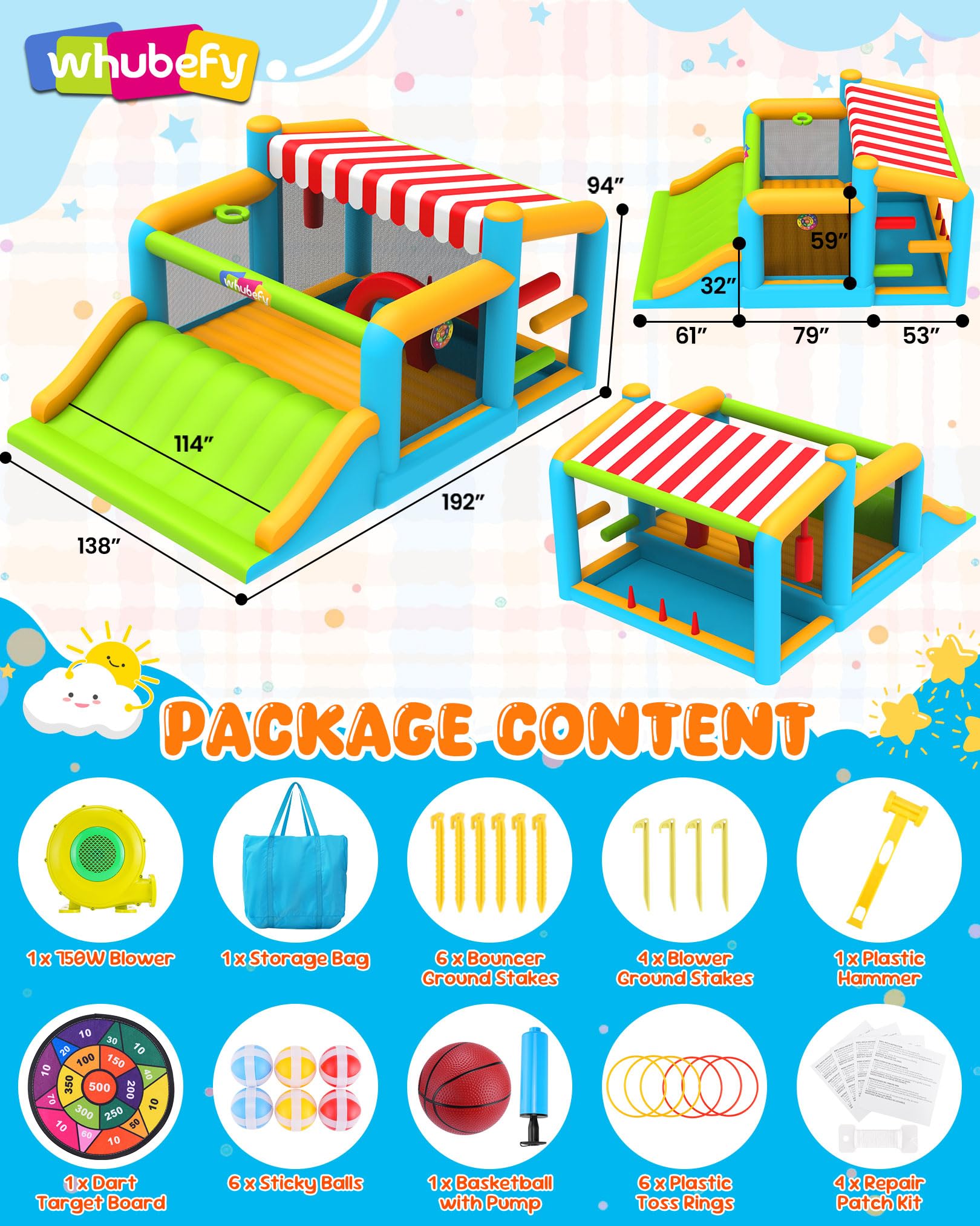 Whubefy 15-in-1 Bounce House with Large Slide and Ball Pit/Water Pool for Kids 3-12, 16.1' x 11.5 'x 8' Giant Inflatable Bouncy Castle with Sun Shade