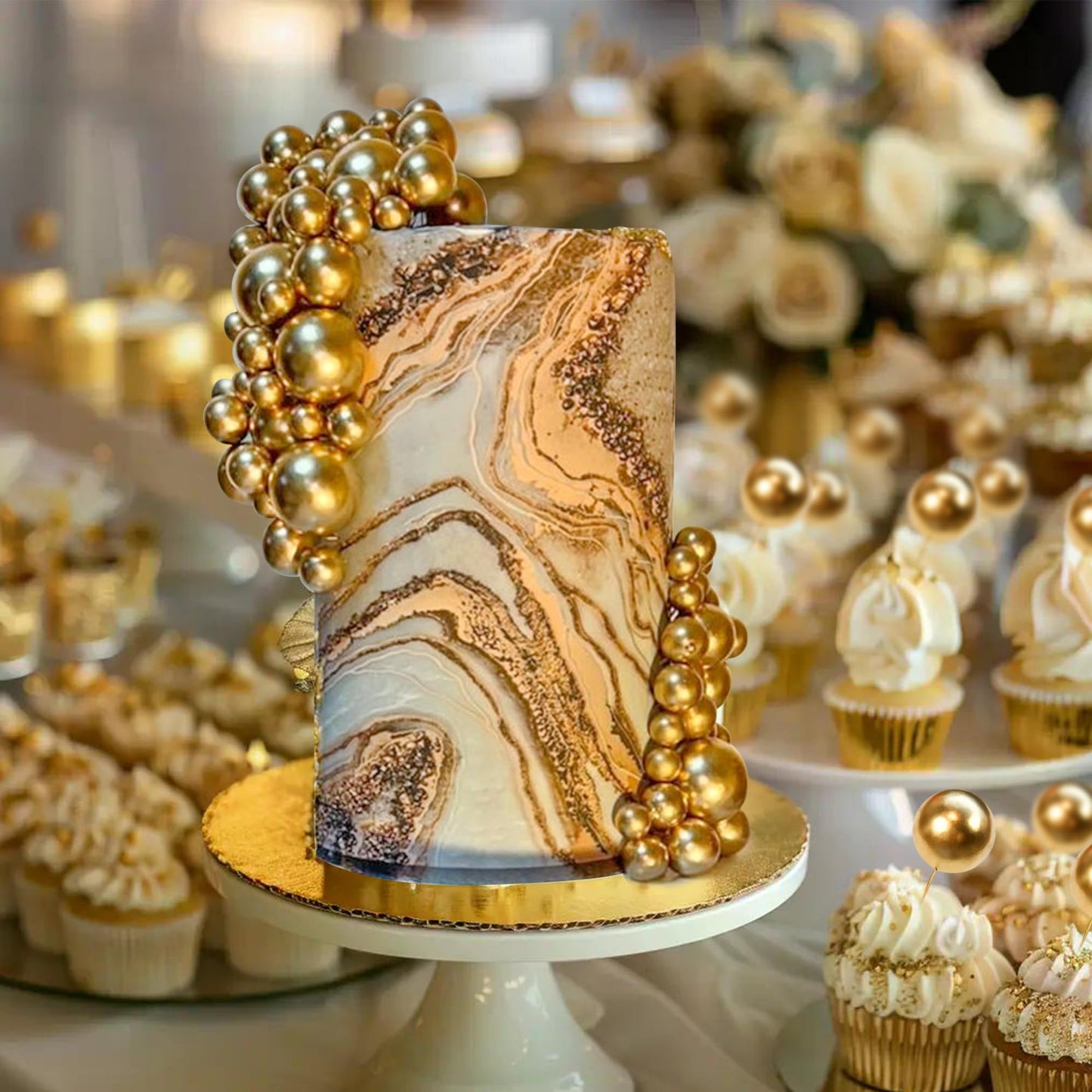 66 PCS Ball Cake Picks Gold 4 Sizes for DIY Baking Decoration Cupcake Toppers and Wedding Anniversary Birthday