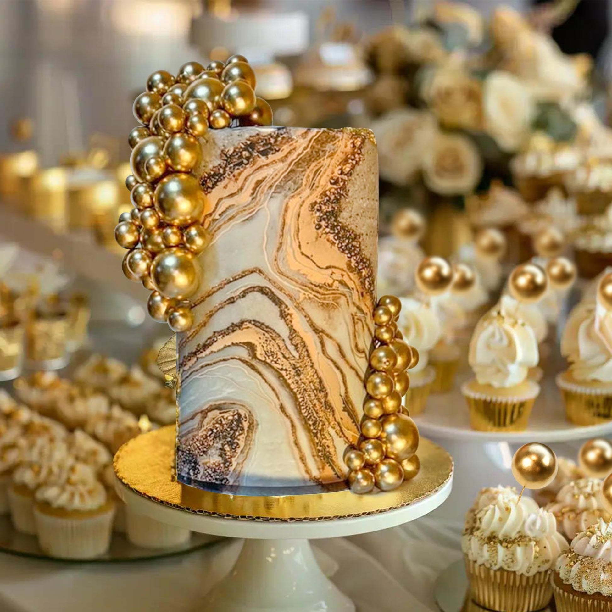 66 PCS Ball Cake Picks Gold 4 Sizes for DIY Baking Decoration Cupcake Toppers and Wedding Anniversary Birthday