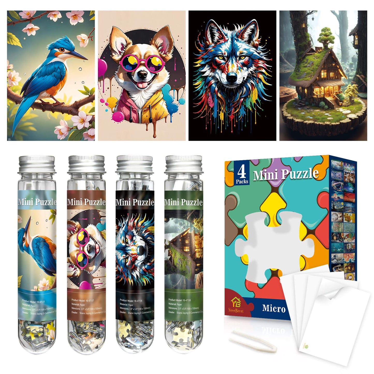 Mini Jigsaw Puzzles for Adults 4 Pack - 150 Piece Challenging Micro Puzzle, Test Tube Small Puzzle, Portable Travel Pocket Puzzle, Ideal Gift, 4x6