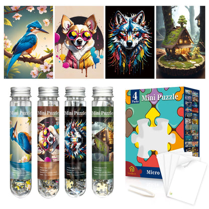 Mini Jigsaw Puzzles for Adults 4 Pack - 150 Piece Challenging Micro Puzzle, Test Tube Small Puzzle, Portable Travel Pocket Puzzle, Ideal Gift, 4x6