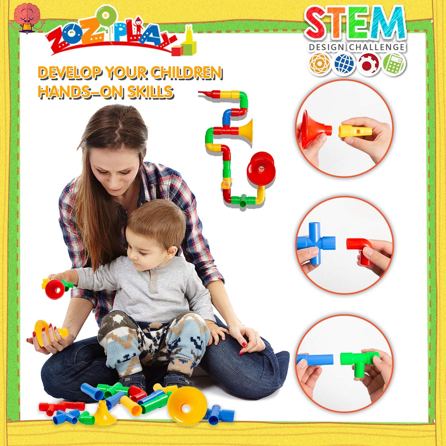 ZOZOPLAY STEM Toys Tube Locks, 72 Piece Tubular Pipes & Spouts & Joints & Whistles & Trumpet Toy, Learning Educational Building Block Set