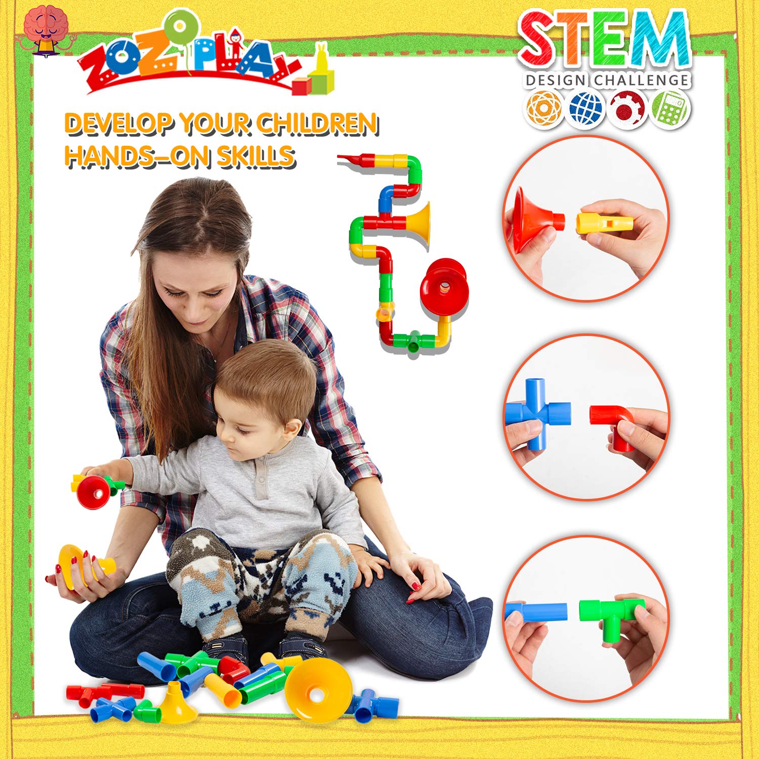 ZOZOPLAY STEM Toys Tube Locks, 72 Piece Tubular Pipes & Spouts & Joints & Whistles & Trumpet Toy, Learning Educational Building Block Set