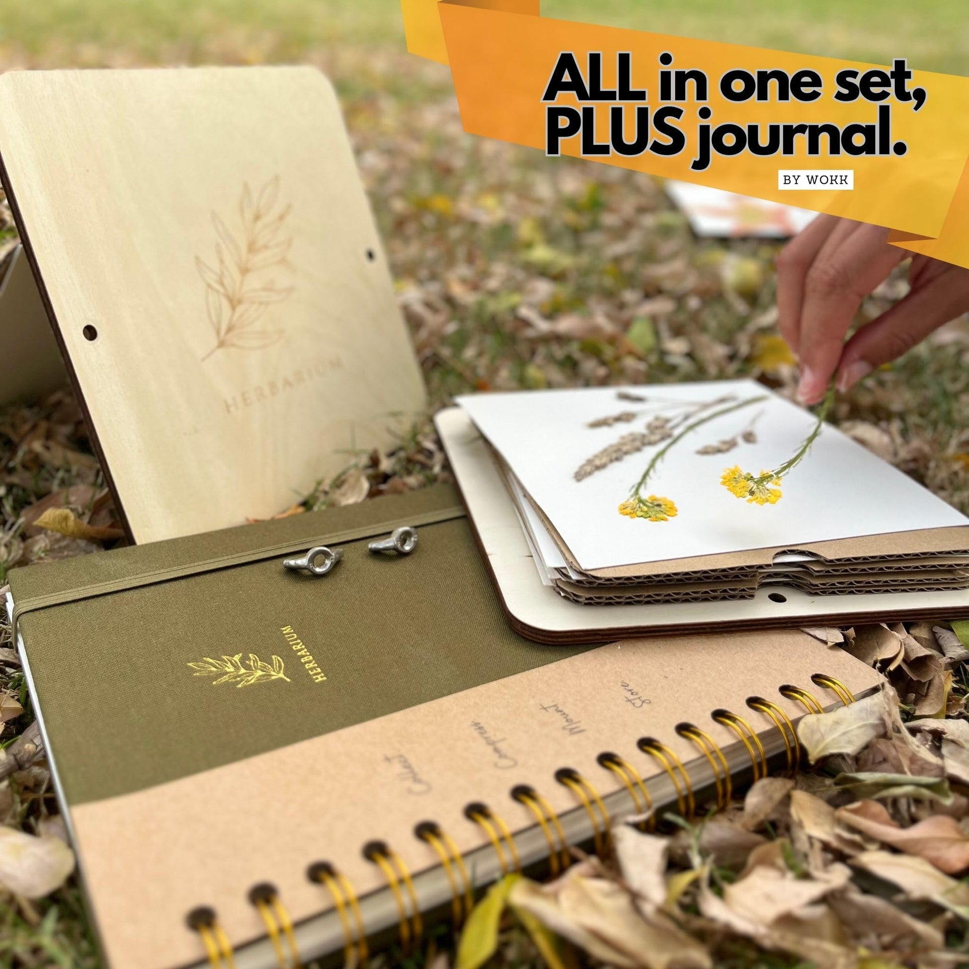 WOKK Flower Press with Herbarium Journal | Flower Preservation Kit, Leaf Press Kit for Making Cards, Plant Press for Adults and Kids, Added Journal