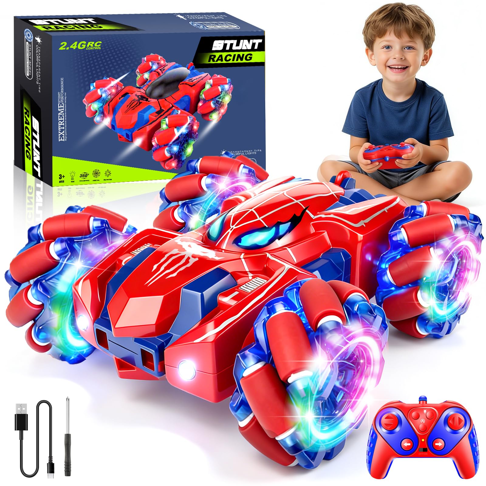 GDRic Spider Remote Control Car, 2.4Ghz Rechargeable Rc Cars 360° Rotating 4WD Stunt Car with Cool Lights | Double Sided Drift | Indoor Toys for Kids