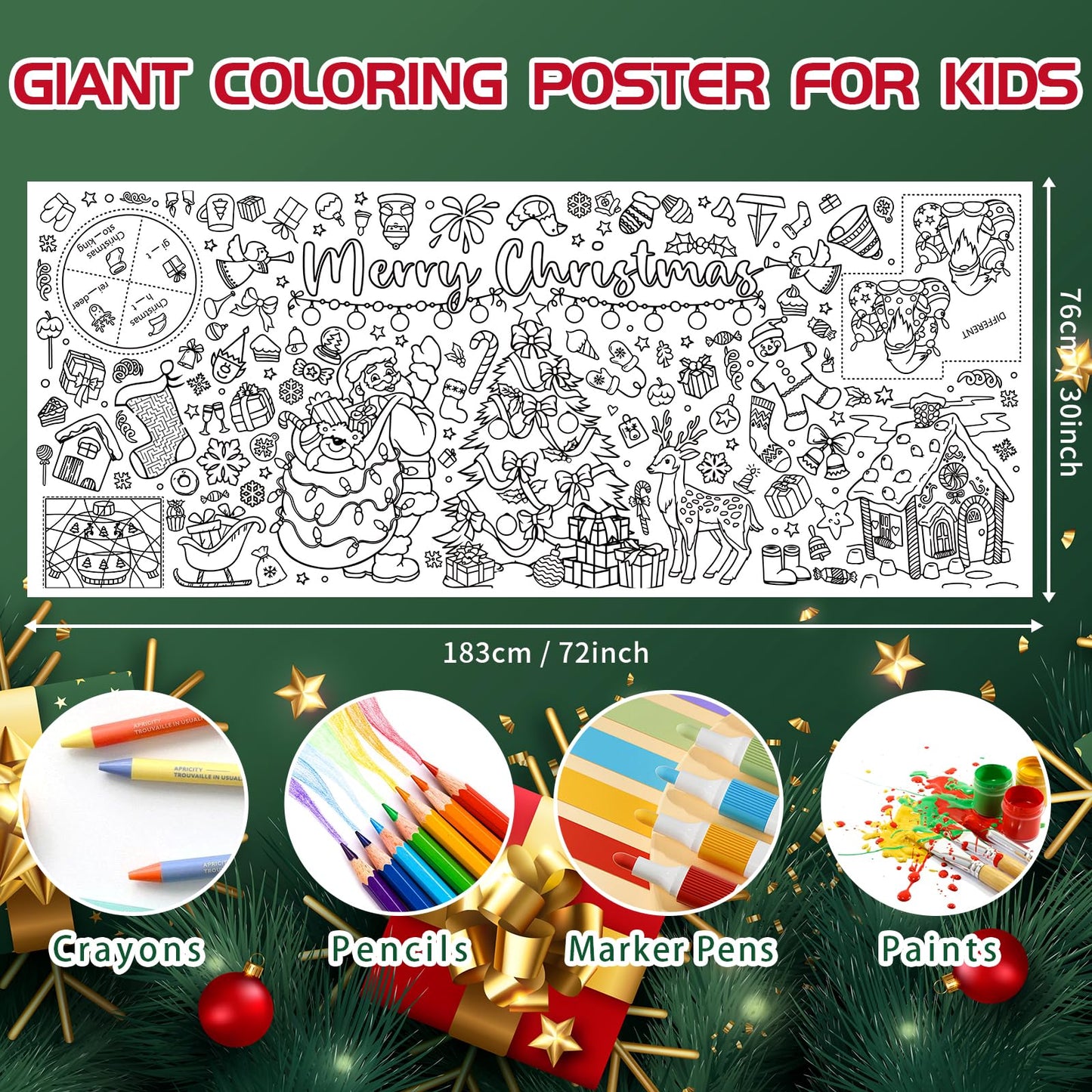 MYFEST Christmas Coloring Tablecloth 30x72 inches, Thick and Jumbo Christmas Coloring Poster for DIY Painting Activities or Developmental Games, Paper
