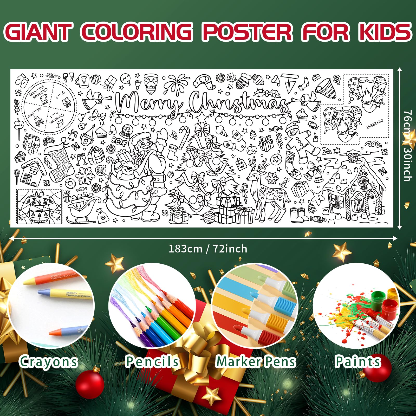 MYFEST Christmas Coloring Tablecloth 30x72 inches, Thick and Jumbo Christmas Coloring Poster for DIY Painting Activities or Developmental Games, Paper
