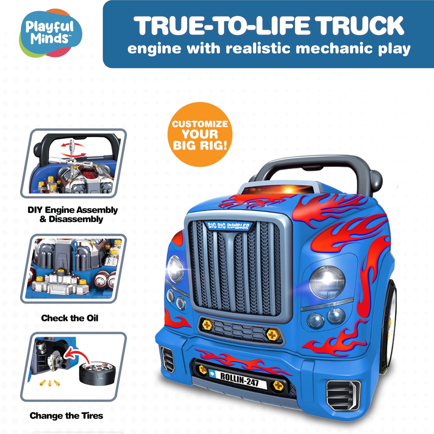 Playful Minds Interactive Large Truck Engine Toy for Kids - Complete Mechanic Repair Kit with Removable Parts, Lights, Sounds, Tools, Engine Builder