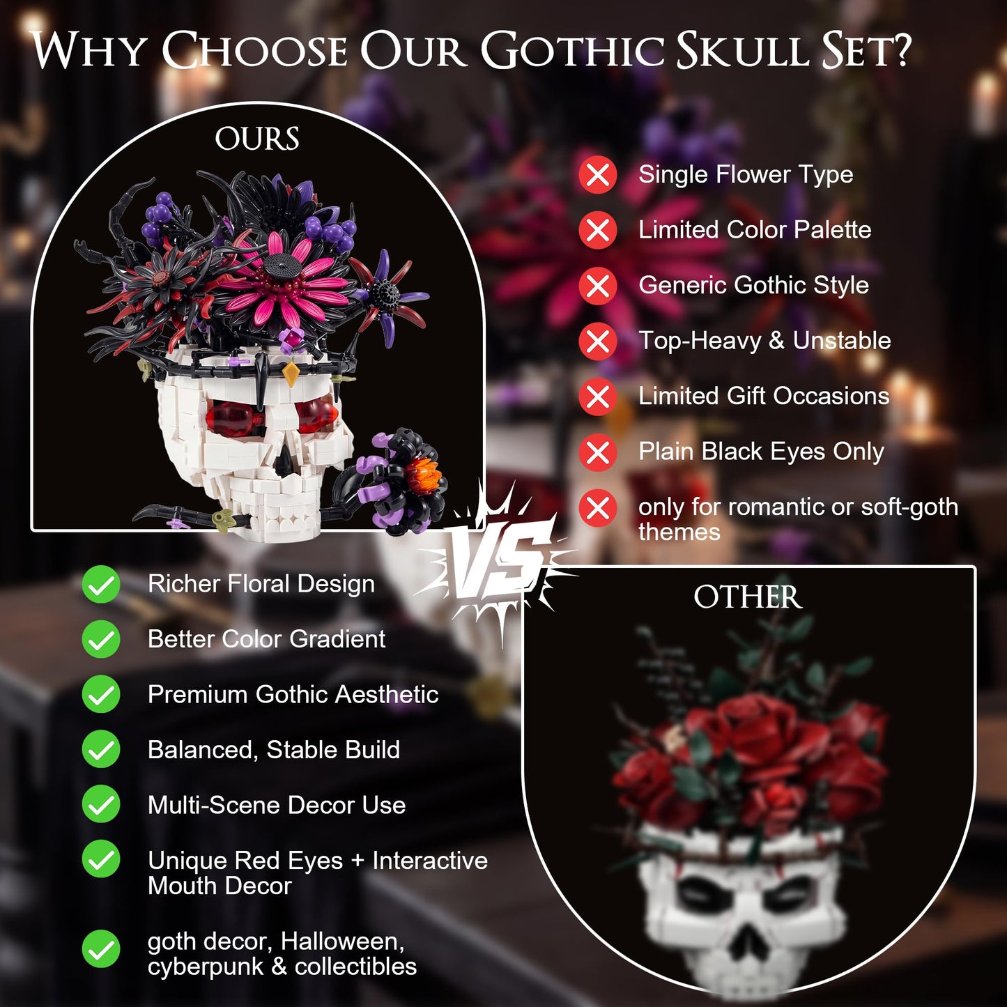 Skull Flower Bouquet Building Set, Wildflower Botanical Collection Kit for Adult Women, Horror Gothic Skeleton Decor for Goth Home Table Art Decor