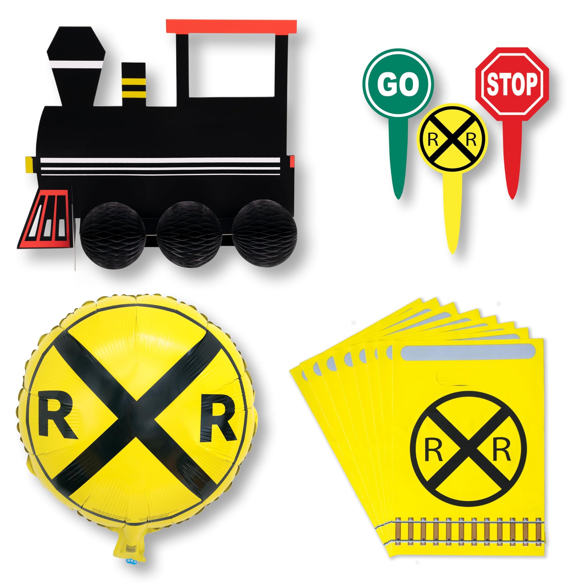 Railroad-Train Party Decorations! Choo Choo Set Includes 1 Lg. Train Centerpiece, 1 Railroad Crossing Foil Balloon, 24 Fun Party Picks & 24 Loot Bags