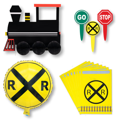 Railroad-Train Party Decorations! Choo Choo Set Includes 1 Lg. Train Centerpiece, 1 Railroad Crossing Foil Balloon, 24 Fun Party Picks & 24 Loot Bags
