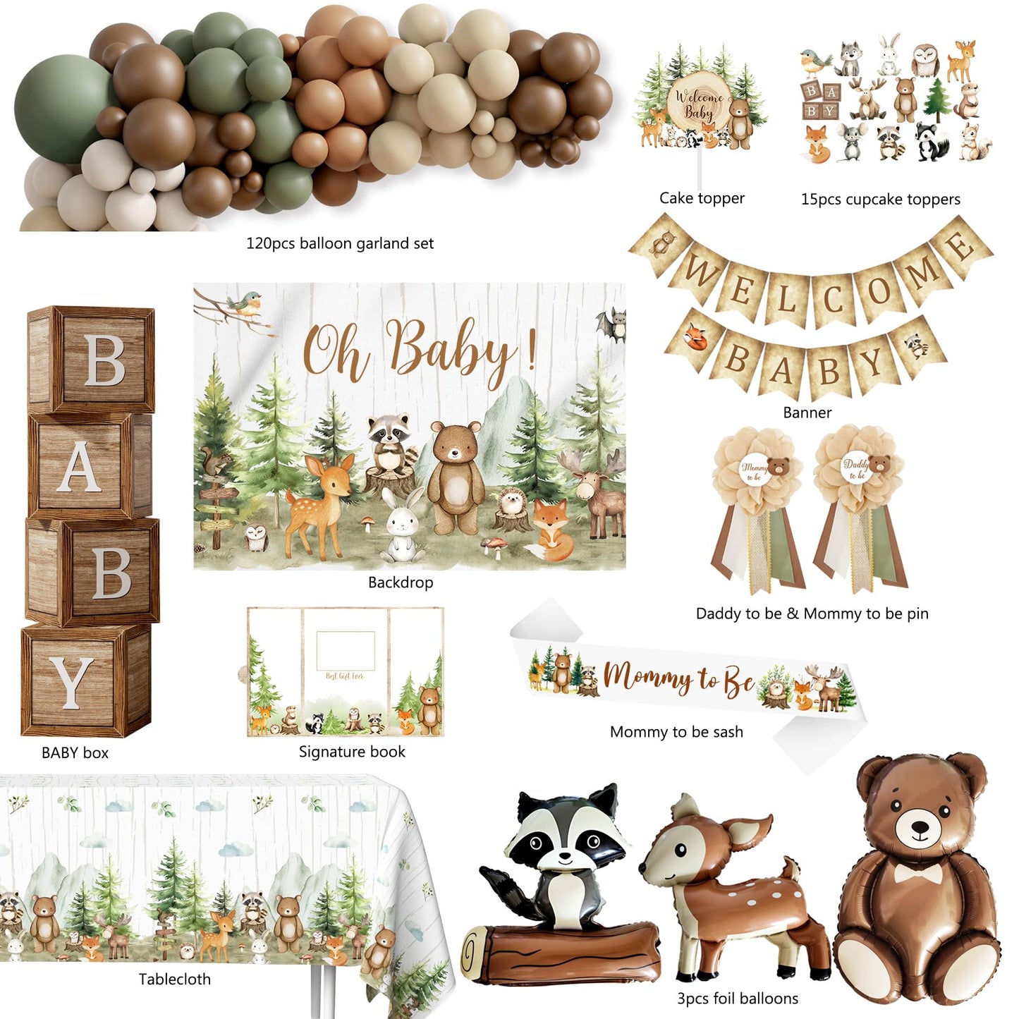 Woodland Animals Baby Shower Decoration Party Supplies, Forest Animal Neutral Gender Reveal Party Decorations, Backdrop Balloon Arch Box Mom to Be
