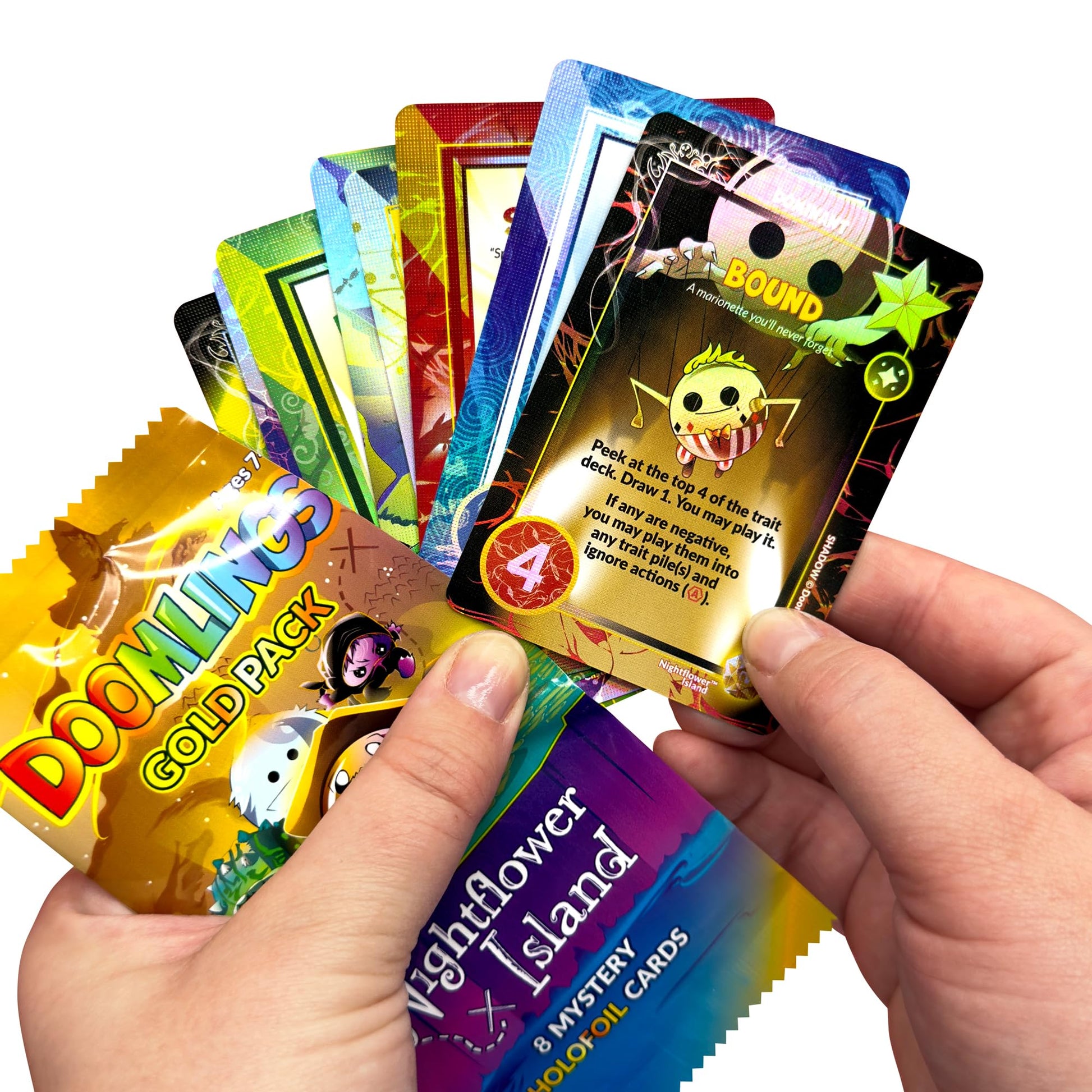 Doomlings Nightflower Island Gold Pack, Collectible Holofoil Card Game, Shadow Puppets, Castle Glass, and Mokoko Village Expansions