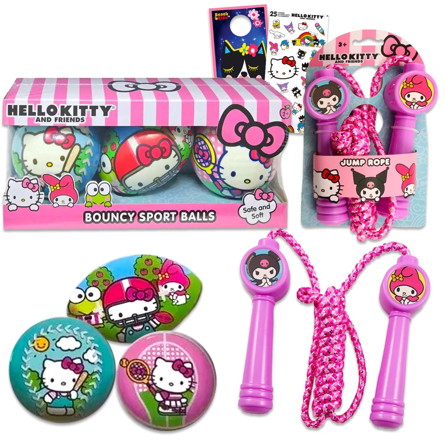 Hello Kitty Outdoor Toys for Girls, Kids - Bundle With 3 Mini Sports Balls, Jump Rope, and Stickers | Fitness Toys, Sport Playset